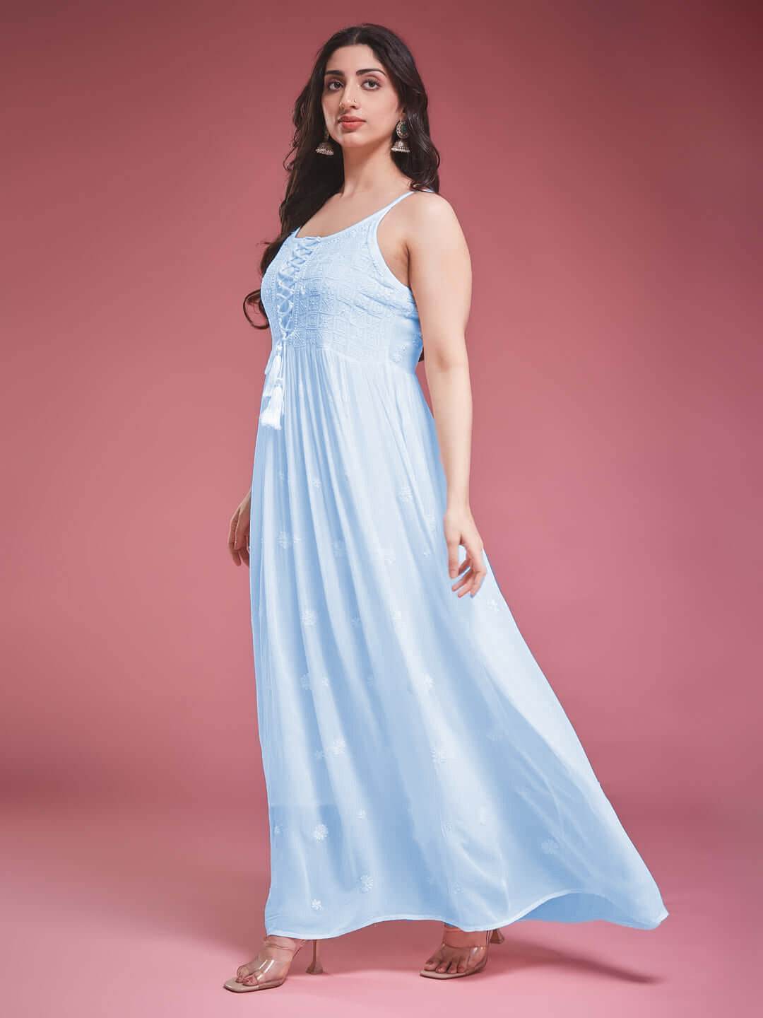 TAAB CHIKANKARI GEORGETTE BLUE LACE UP DRESS - KRI CHIKANKARI