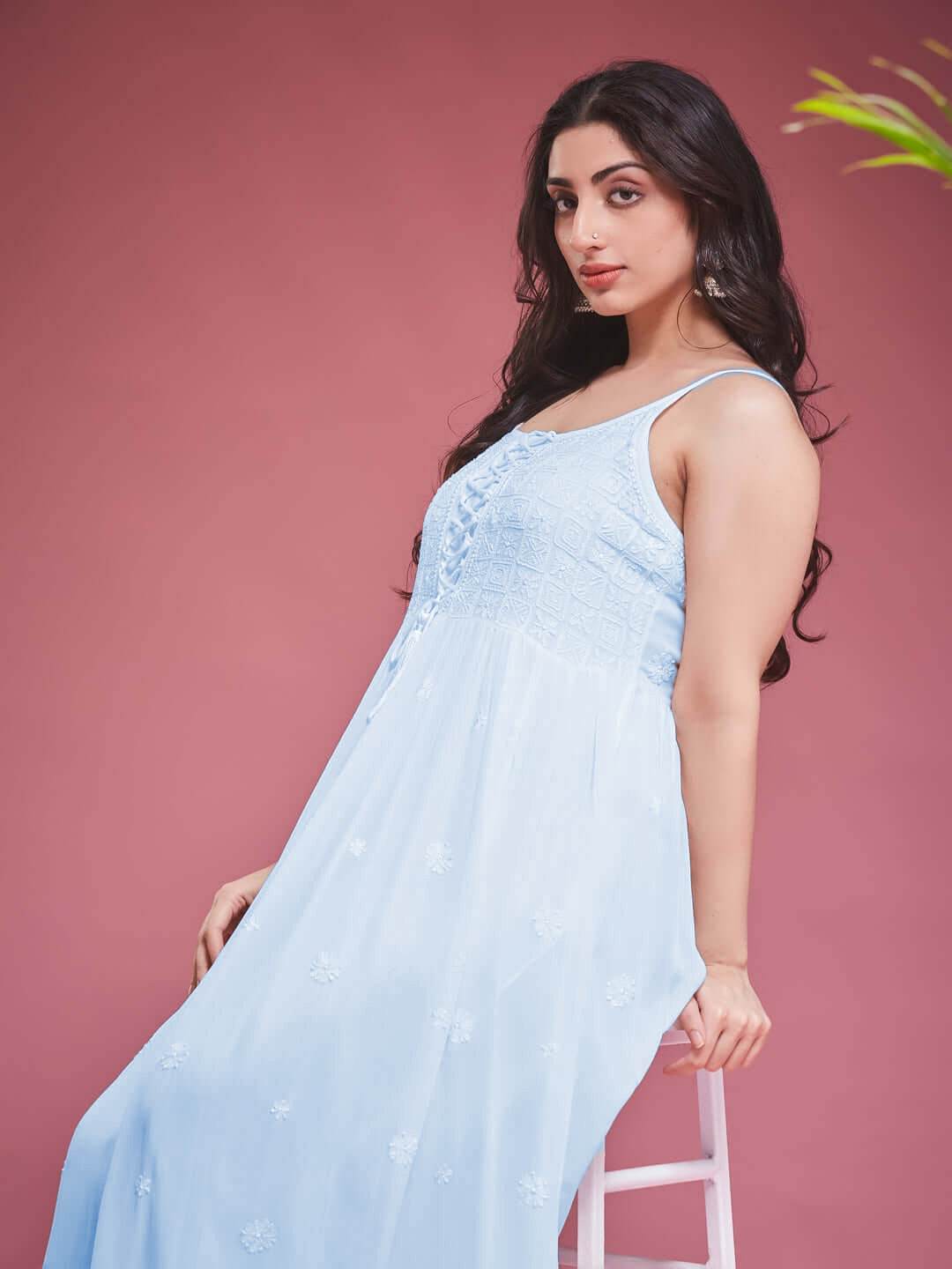 TAAB CHIKANKARI GEORGETTE BLUE LACE UP DRESS - KRI CHIKANKARI