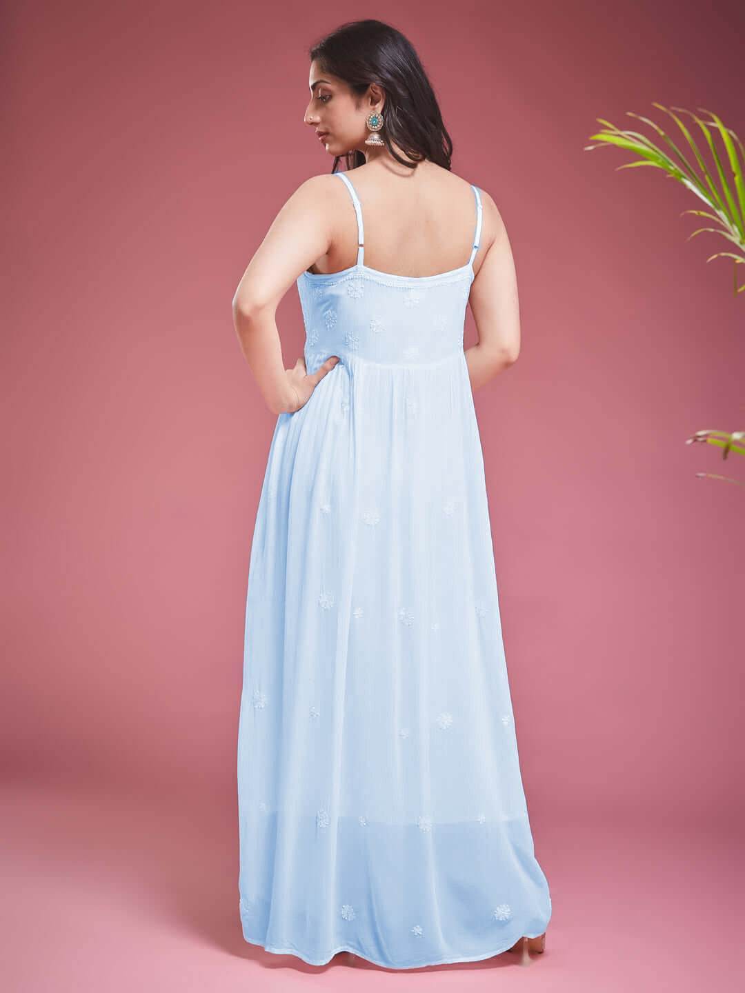 TAAB CHIKANKARI GEORGETTE BLUE LACE UP DRESS - KRI CHIKANKARI