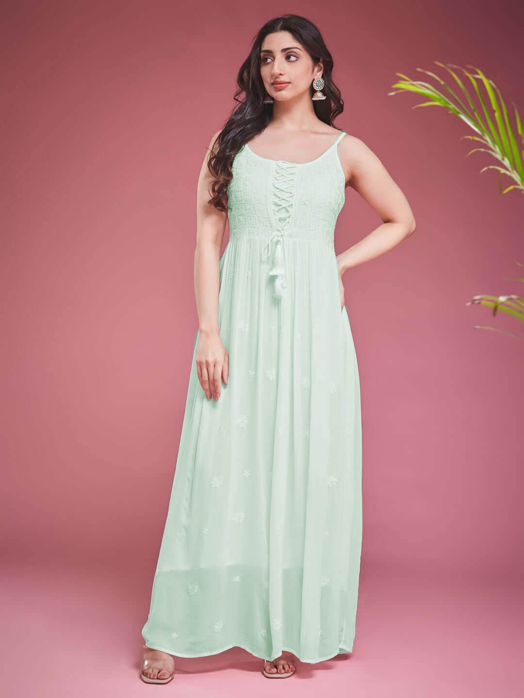 TAAB CHIKANKARI GEORGETTE MINT GREEN LACE UP DRESS - KRI CHIKANKARI