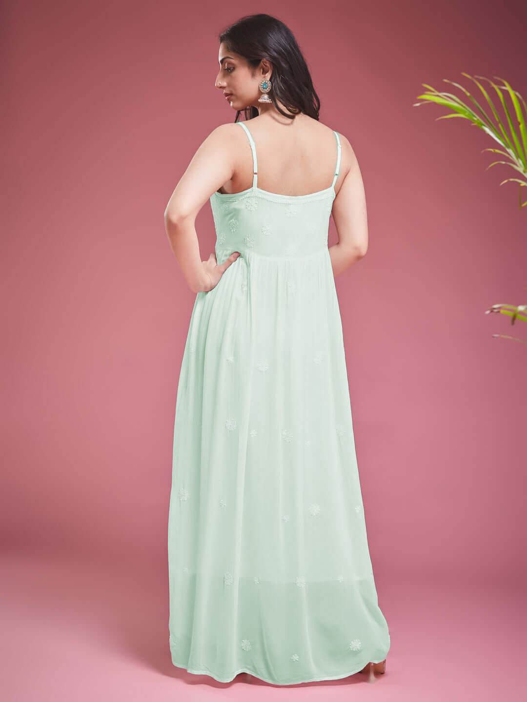 TAAB CHIKANKARI GEORGETTE MINT GREEN LACE UP DRESS - KRI CHIKANKARI