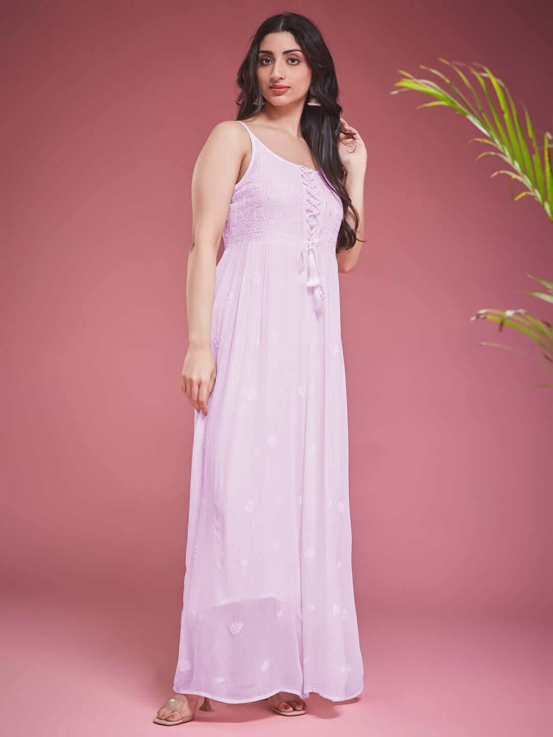 TAAB CHIKANKARI GEORGETTE PINK LACE UP DRESS - KRI CHIKANKARI