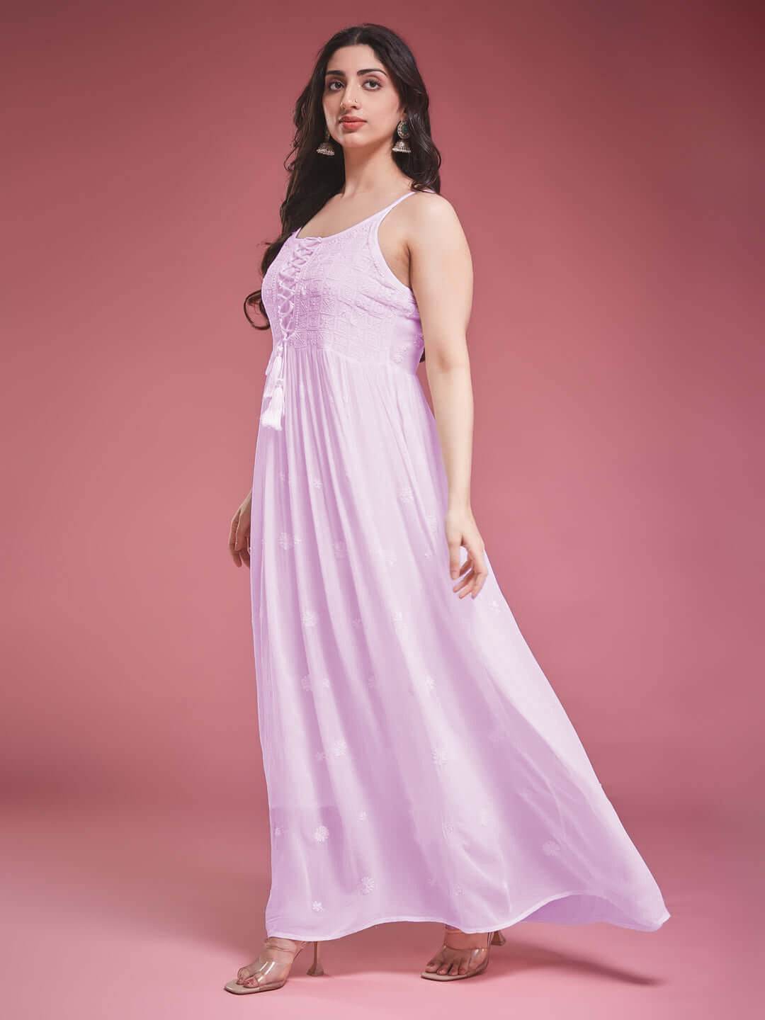 TAAB CHIKANKARI GEORGETTE PINK LACE UP DRESS - KRI CHIKANKARI