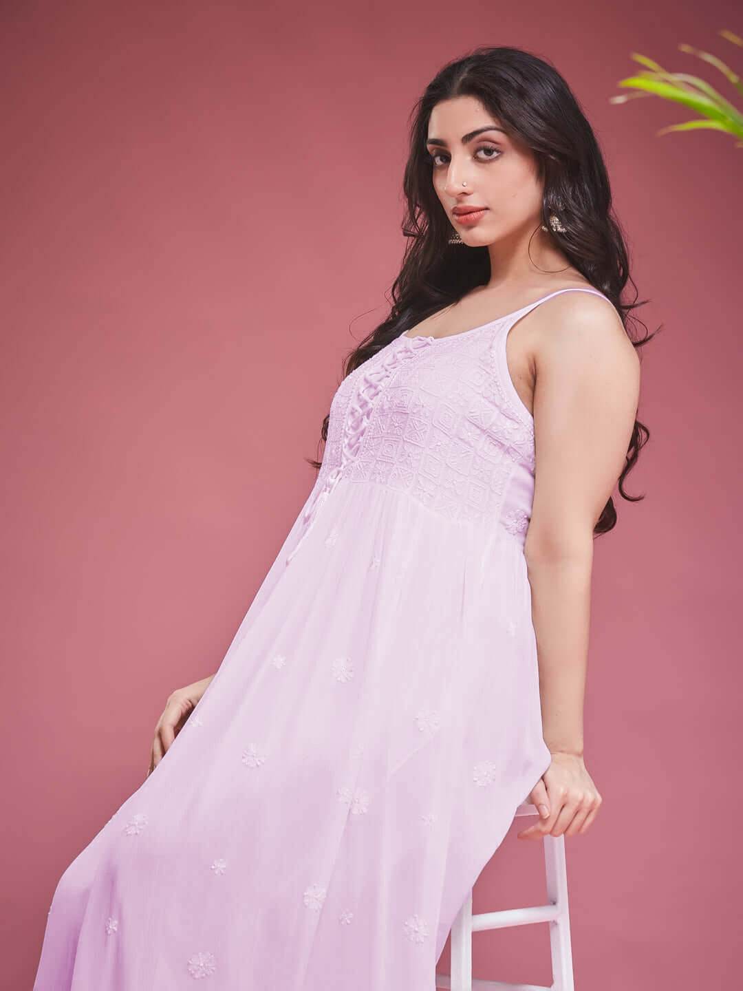 TAAB CHIKANKARI GEORGETTE PINK LACE UP DRESS - KRI CHIKANKARI