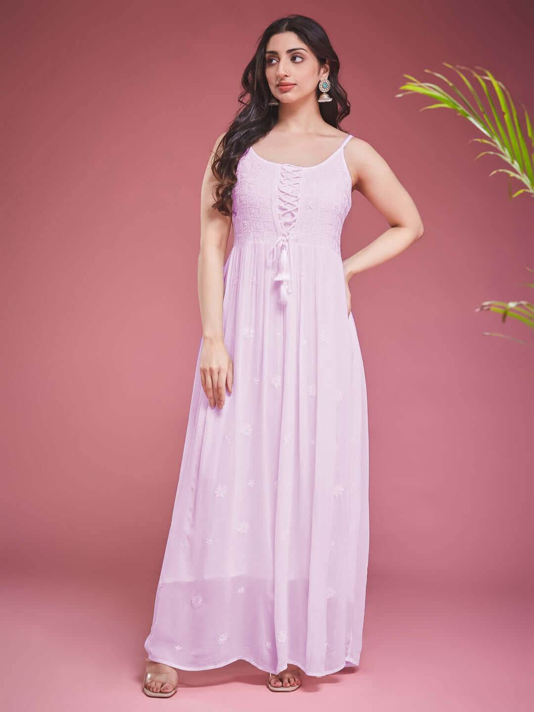 TAAB CHIKANKARI GEORGETTE PINK LACE UP DRESS - KRI CHIKANKARI