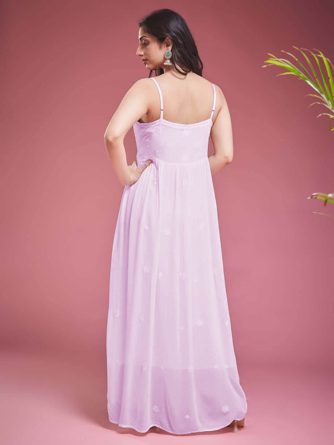 TAAB CHIKANKARI GEORGETTE PINK LACE UP DRESS - KRI CHIKANKARI