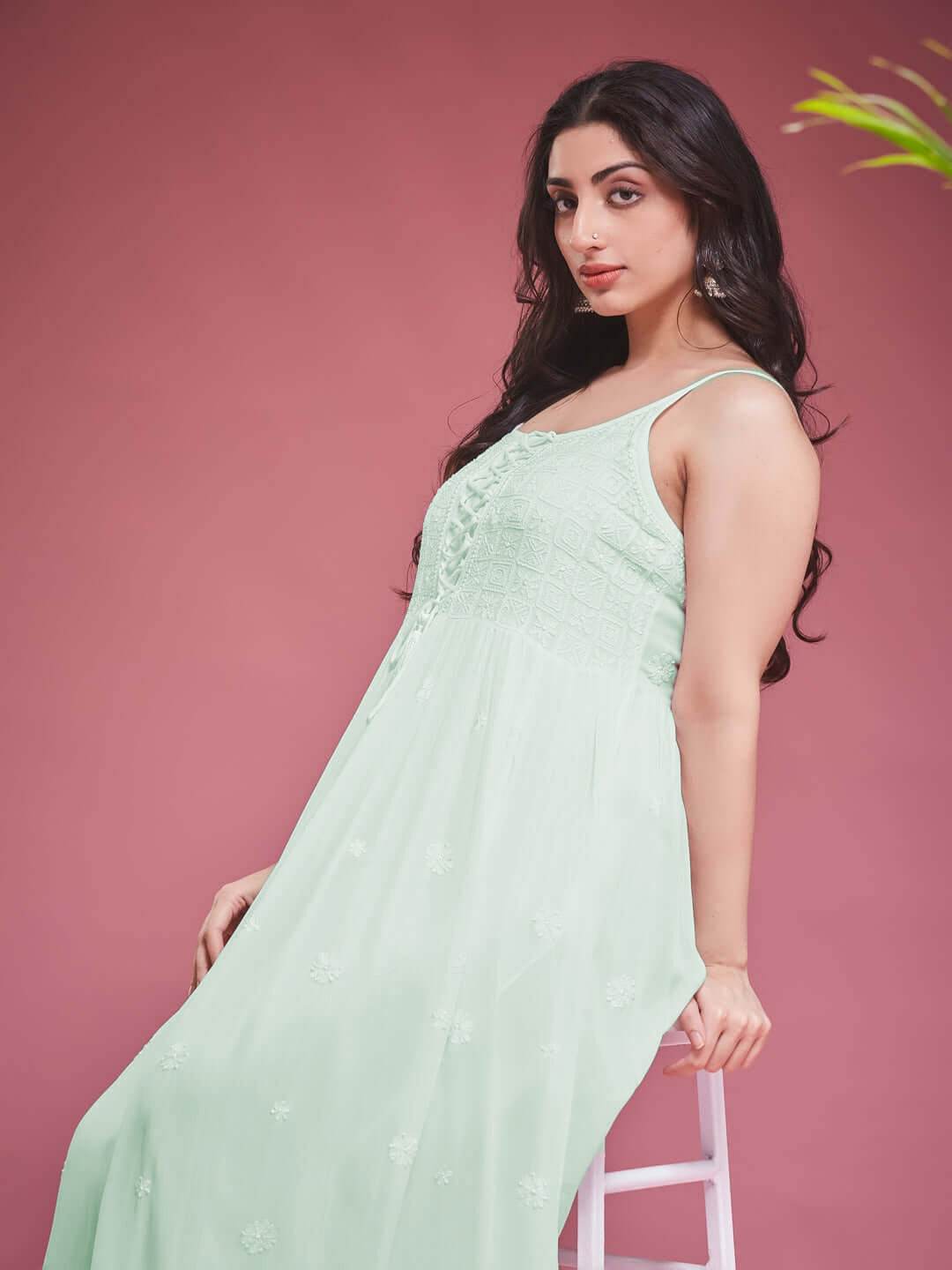 TAAB CHIKANKARI GEORGETTE MINT GREEN LACE UP DRESS - KRI CHIKANKARI