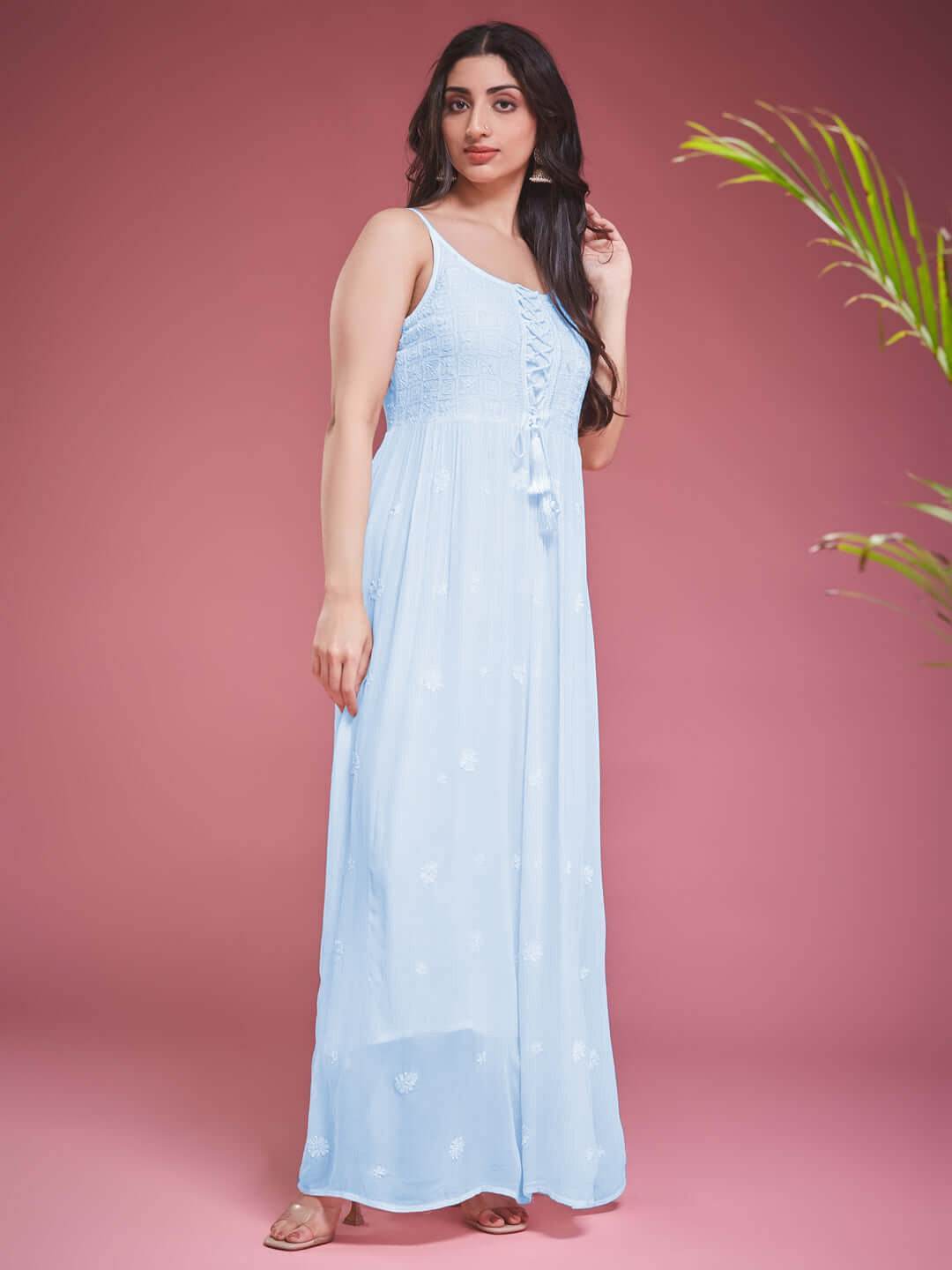 TAAB CHIKANKARI GEORGETTE BLUE LACE UP DRESS - KRI CHIKANKARI