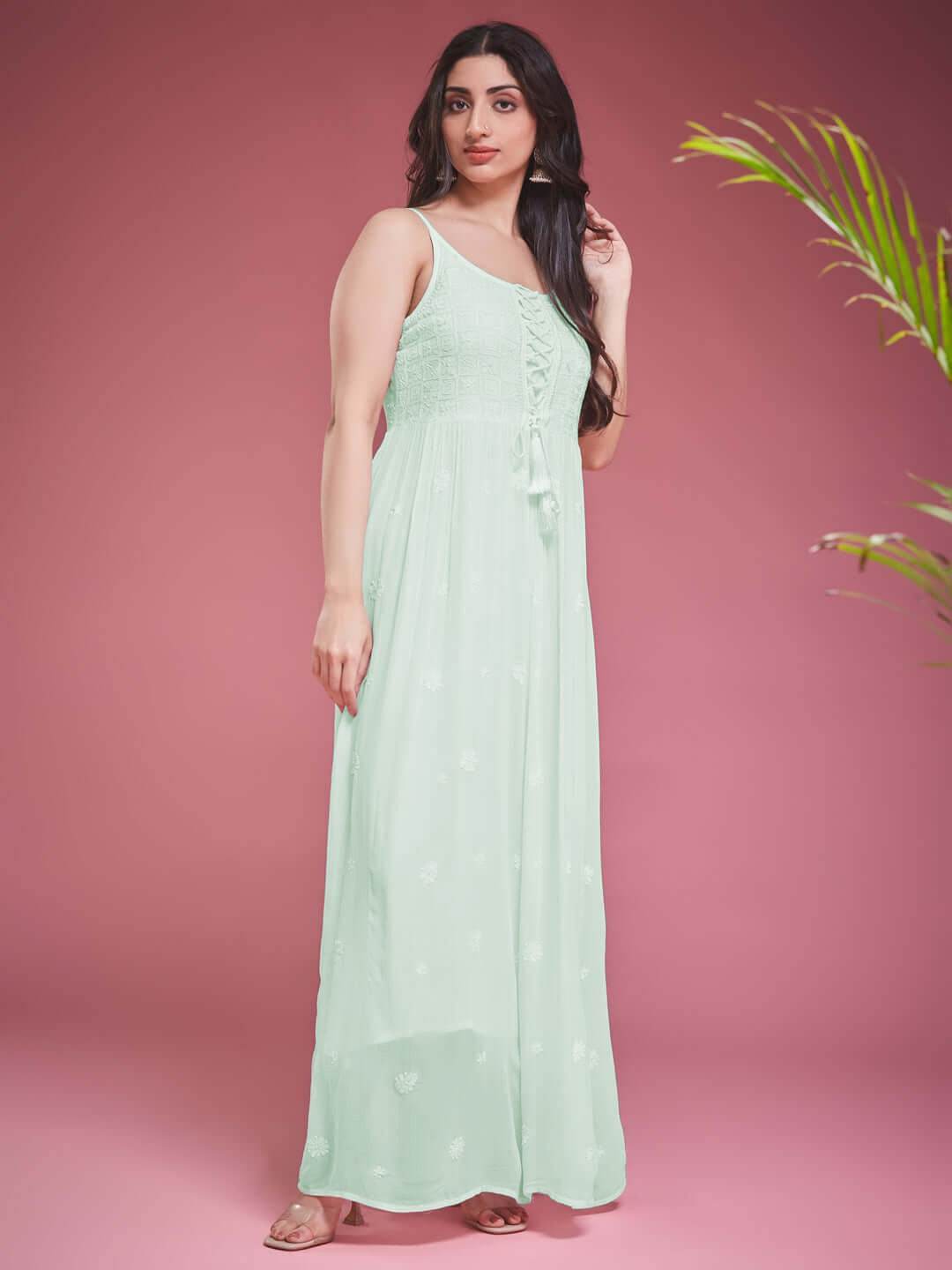 TAAB CHIKANKARI GEORGETTE MINT GREEN LACE UP DRESS - KRI CHIKANKARI