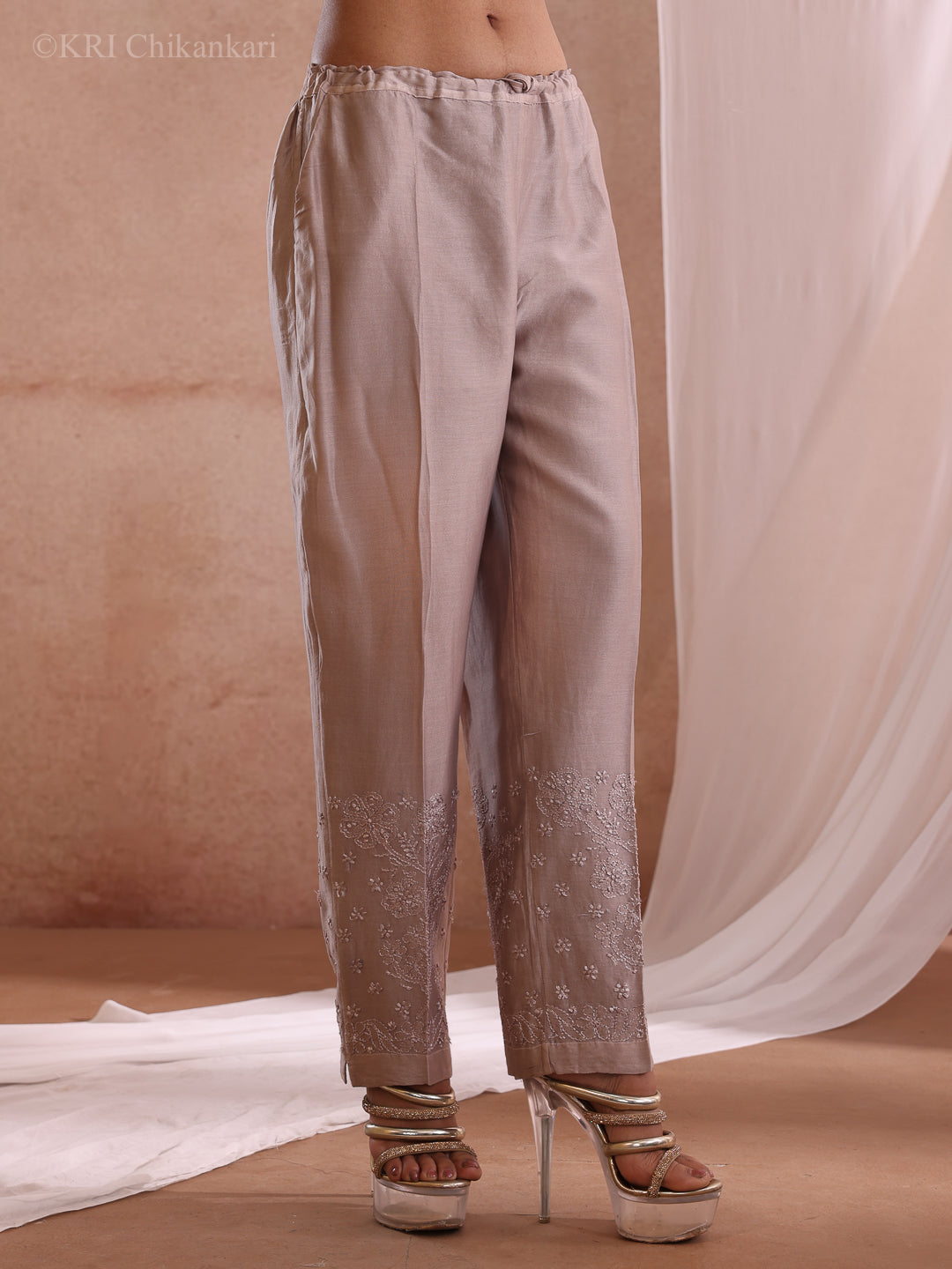 MILI CHIKANKARI DUSTY BROWN CHANDERI PANTS