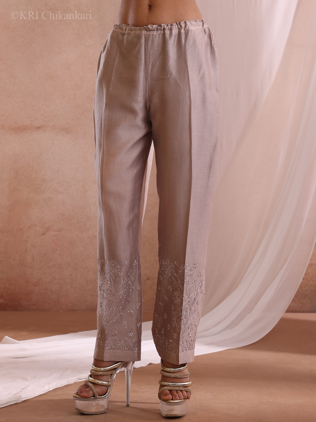 MILI CHIKANKARI DUSTY BROWN CHANDERI PANTS