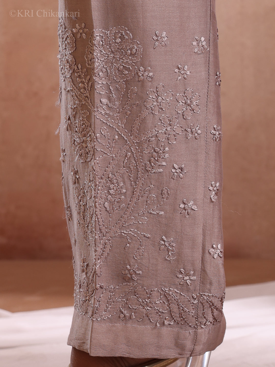 MILI CHIKANKARI DUSTY BROWN CHANDERI PANTS