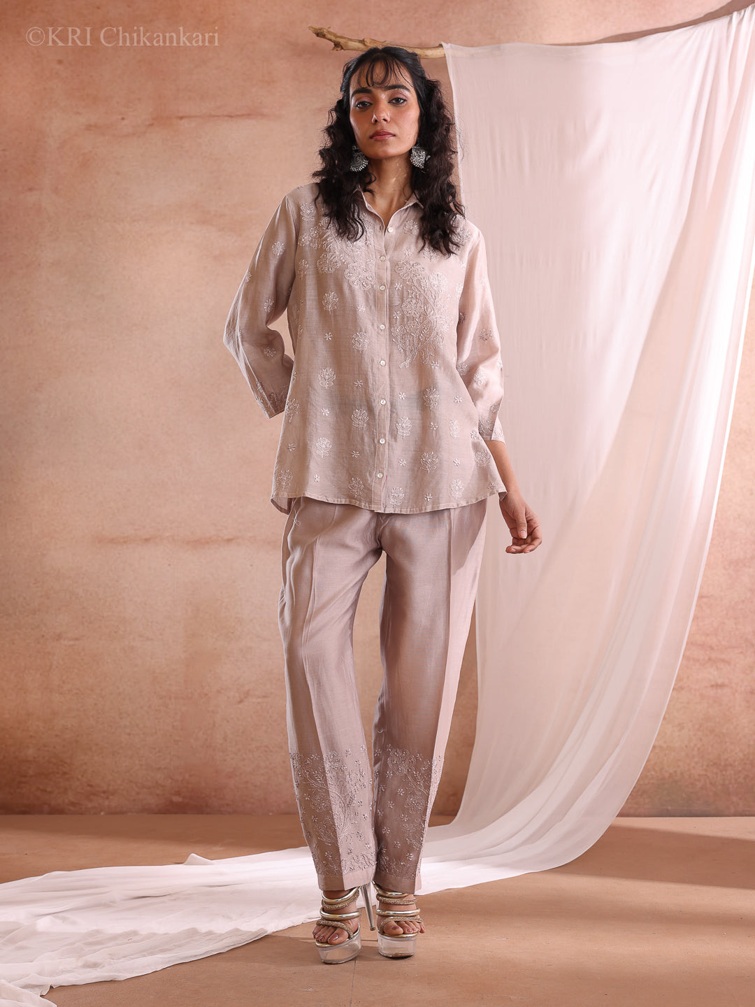 MILI CHIKANKARI DUSTY BROWN CHANDERI PANTS