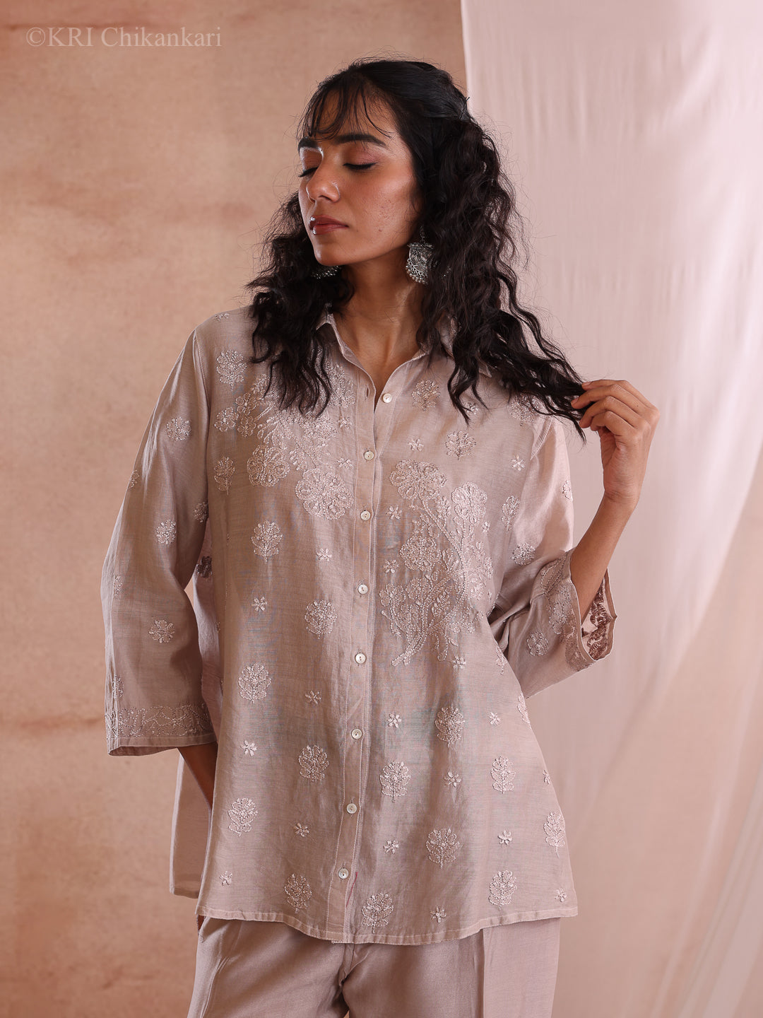 MILI CHIKANKARI DUSTY BROWN CHANDERI SHIRT