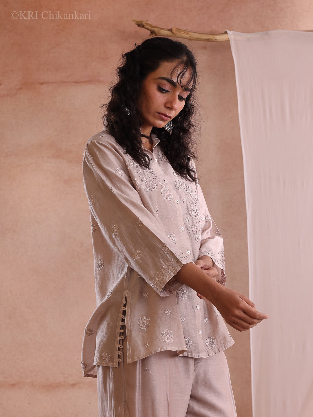 MILI CHIKANKARI DUSTY BROWN CHANDERI SHIRT