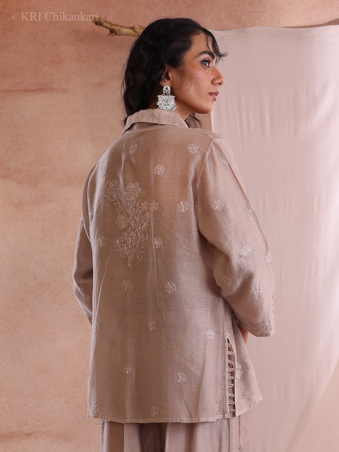 MILI CHIKANKARI DUSTY BROWN CHANDERI SHIRT