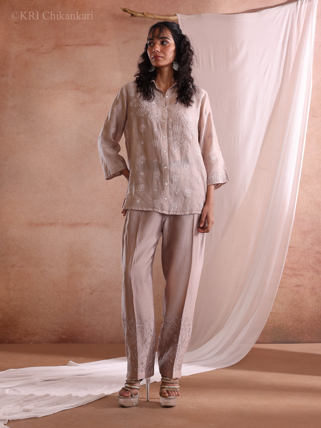MILI CHIKANKARI DUSTY BROWN CHANDERI CO-ORD SET