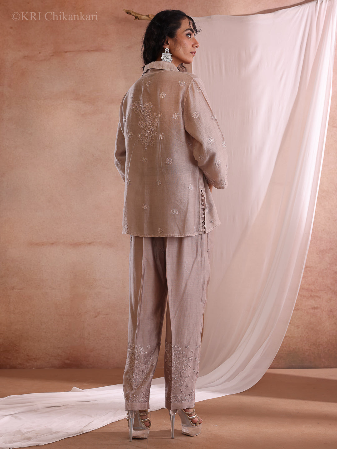MILI CHIKANKARI DUSTY BROWN CHANDERI CO-ORD SET