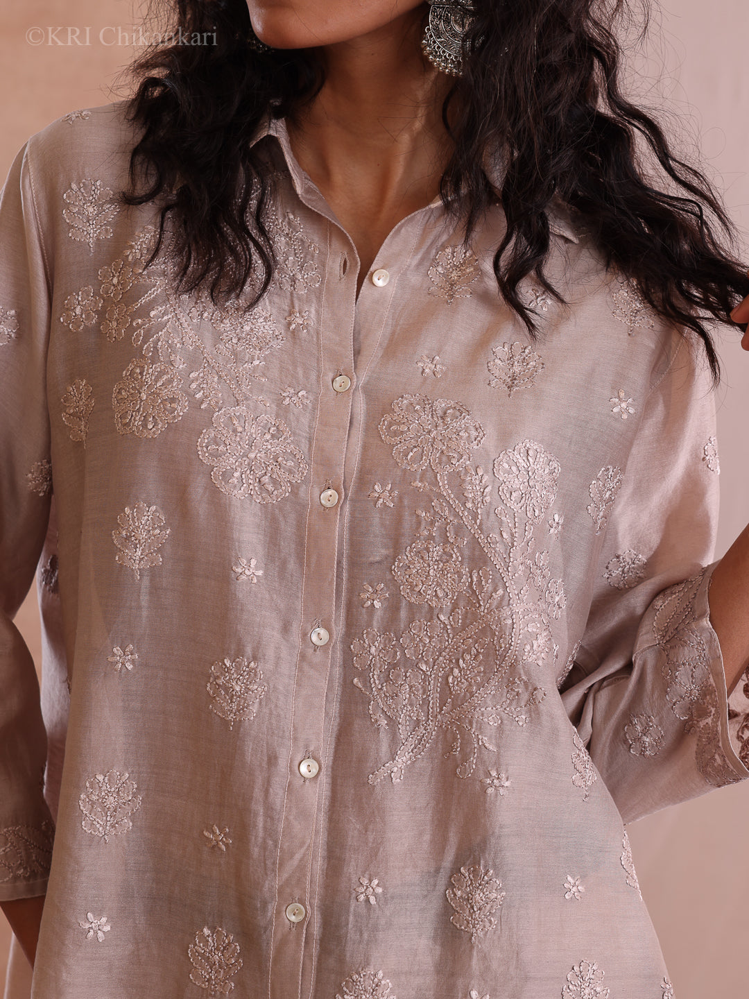 MILI CHIKANKARI DUSTY BROWN CHANDERI SHIRT