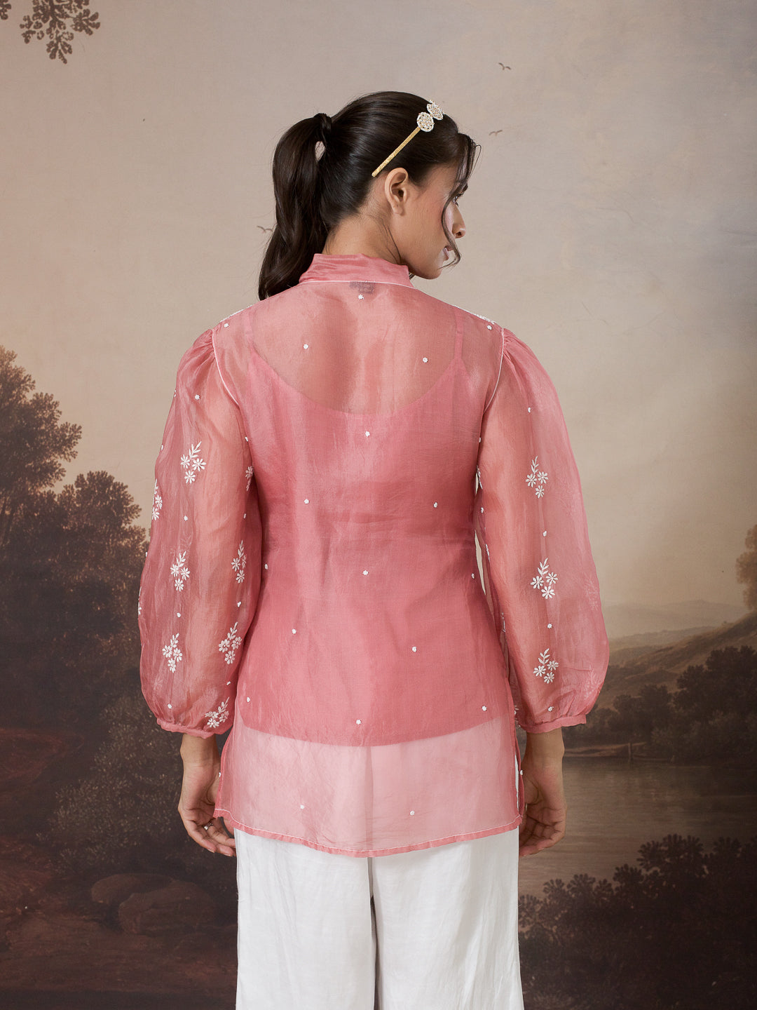 RIFA CHIKANKARI ORGANZA PEACH TOP