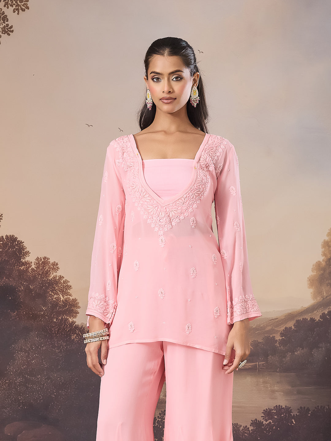 PARIZAD CHIKANKARI GEORGETTE PINK TOP