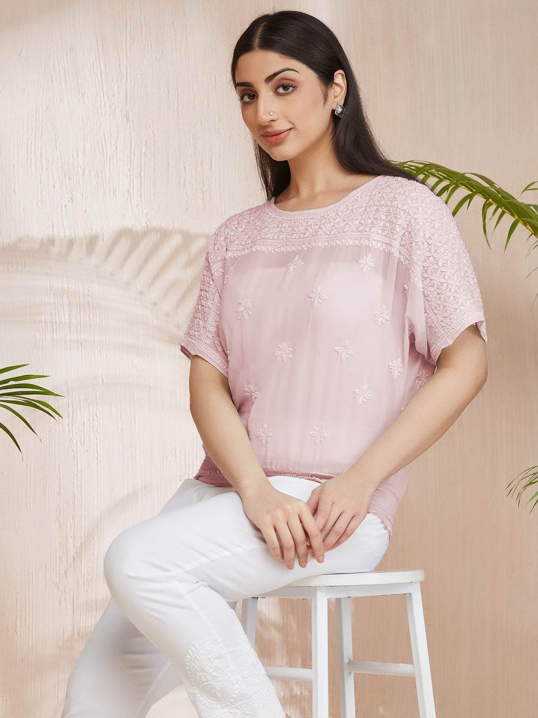 SAMAA Chikankari Smocking Powder Pink Top - KRI CHIKANKARI
