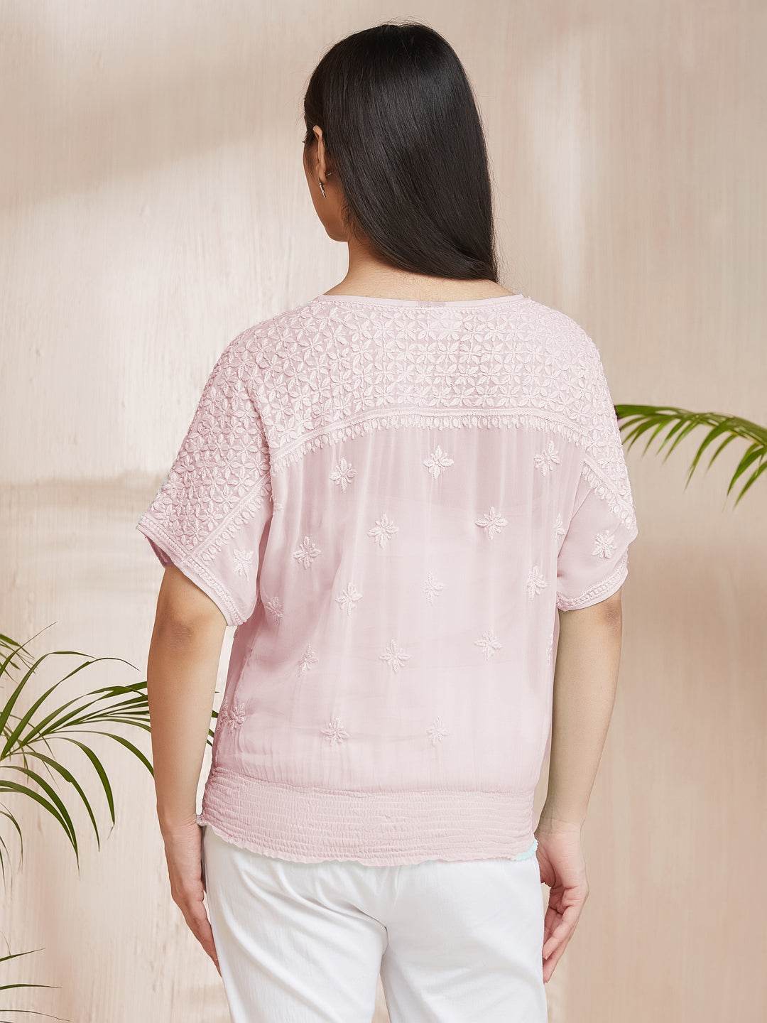 SAMAA Chikankari Smocking Powder Pink Top - KRI CHIKANKARI