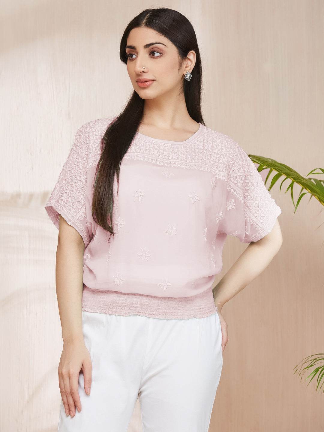 SAMAA Chikankari Smocking Powder Pink Top - KRI CHIKANKARI