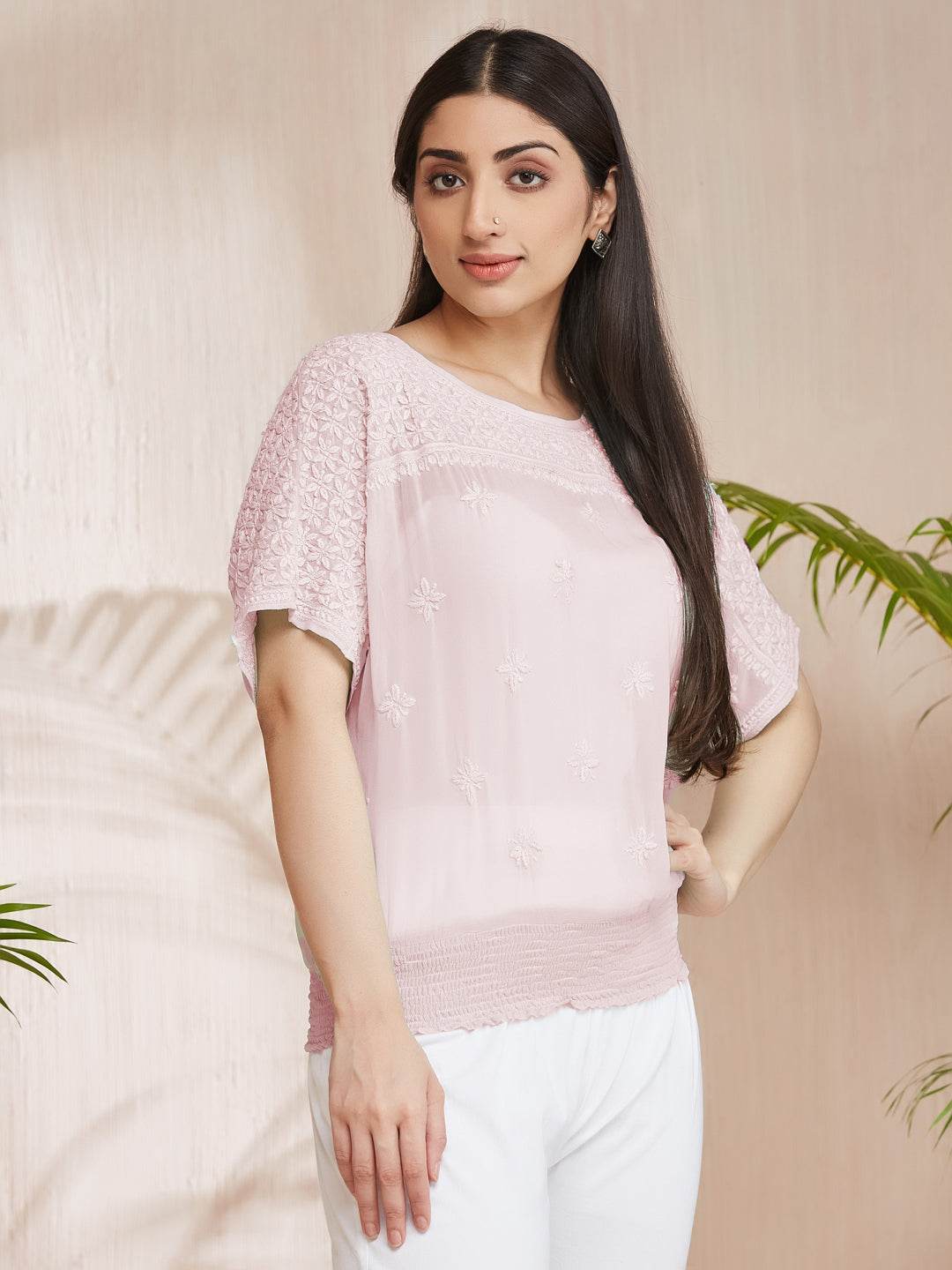 SAMAA Chikankari Smocking Powder Pink Top - KRI CHIKANKARI